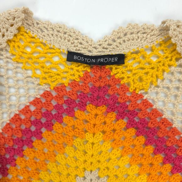 BOSTON PROPER Vibrant Crochet Duster Knit 70s Grandma Boho Hippie Artsy Festival - Picture 2 of 11